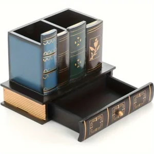 S17ae19a40e1941bcacb39be554f8d224R.webp Vintage Wood Book-Shaped Pen Holder - Multifunctional Retro Desktop Organizer & Decoration for Office & Home